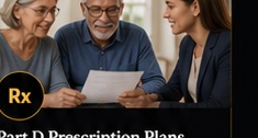 Senior couple reviewing Part D prescription drug coverage with advisor
