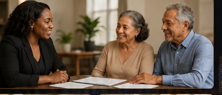 Black Medicare advisor helping a Hispanic senior couple review coverage options